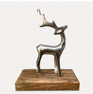 Antique Silver Aluminum Reindeer Sculpture with Natural Mango Wood Base Festive Holiday Home Decor & Modern Tabletop Figurine - Product Image 3