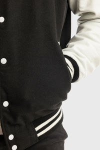 Customized Men's <b>Black</b> Varsity <b>Jacket</b> With White Sleeves Turn-down Collar Casual Autumn Wear Regular Fit Front Logo Printing - Product Image 5