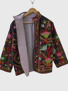 Chaqueta de Algodón con Bordado Floral a Mano, Cuello Mandarín, Manga Larga, Estilo Prairie Chic para Adultos, Otoño - Product Image 3