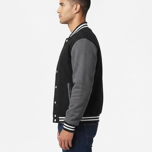 OEM Hot Sale <b>Men's</b> Winter <b>Long</b> Color Block Varsity Jacket <b>Black</b> Body Gray Sleeves Snap Button Front Custom Logo Baseball <b>Coat</b> - Product Image 2