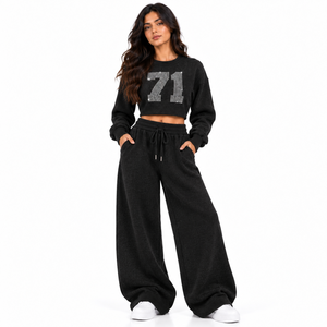 High Street Women Knit Tracksuit <b>Set</b> Crop Crew Neck <b>Sweater</b> Wide Leg Pants Rhinestone Graphic Winter Wear Customized Bulk - Product Image 1