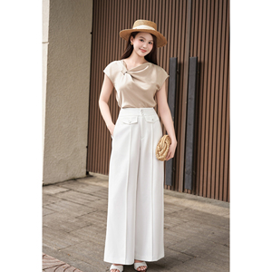 Women's Elegant <b>White</b> High Waist Straight Leg Tailored Casual Office <b>Trousers</b> Flap Pocket Anti-static Anti-Wrinkle Zipper Fly - Product Image 1