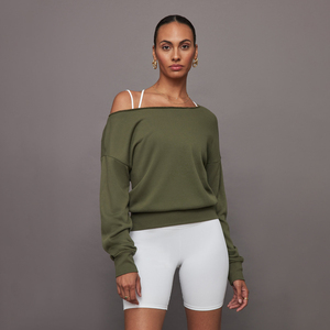 Sudadera Oversize Verde Oliva para Mujer, de Hombros Descubiertos, Manga Larga, Color Sólido, Corte Holgado, Informal, para Otoño e Invierno - Product Image 1