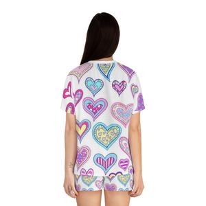Conjunto de Top de Manga Corta con Cuello Redondo y Estampado de Corazones Coloridos para Mujer y Pantalones Cortos por Encima de la Rodilla, Ropa Casual de Primavera/Verano, Tejido Transpirable, 2 Piezas - Product Image 4