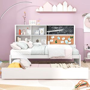 Cama nido individual con estantes de almacenamiento, pizarra y tablero de corcho, puertos USB, blanca, con cama nido extraíble para niños - Product Image 4