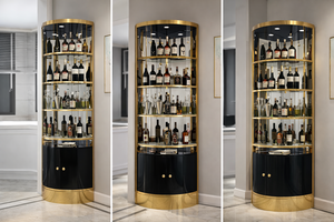 Meuble bar multifonctionnel en bois massif moderne avec 5+ compartiments, durable, autoportant, avec poignées métalliques - Product Image 4