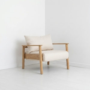 Fauteuil lounge en teck massif, style Japandi, fauteuil d'appoint individuel avec coussin crème pour hôtel, salon, balcon, meubles de salon - Product Image 2
