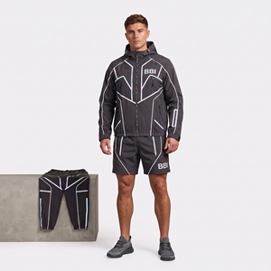 Conjunto deportivo de 3 piezas para hombre, negro con diseño de circuito en oro rosa, chaqueta con capucha, pantalones cortos deportivos, pantalones de chándal ajustados, ropa deportiva para correr - Product Image 5