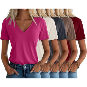 T-shirts confortables pour femmes à col en V, décontractés, anti-boulochage, à manches courtes, commande en gros, vente en gros de t-shirts confortables - Product Image 5