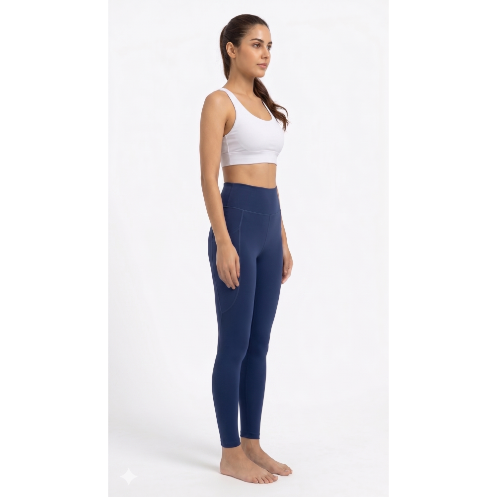 Blue Women High Waist Breathable Yoga Pants Solid Workout Knitted Weaving Stretch Fabric Snow Flex Sculpt Pocket Yoga Pants