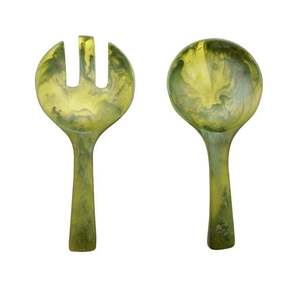 Ensemble de fourchettes et cuillères de service en plastique vert marbré pour salade - Product Image 1
