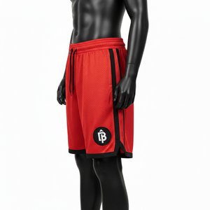<b>Men</b> Premium Polyester Mesh <b>Shorts</b> GSM Breathable Red Black Panel Design Custom Embroidered Patch Logo Workout Mesh <b>men's</b> <b>shorts</b> - Product Image 3