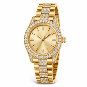 Reloj analógico de lujo para mujer, caja de oro amarillo, bisel de diamantes, movimiento de cuarzo redondo - Product Image 3