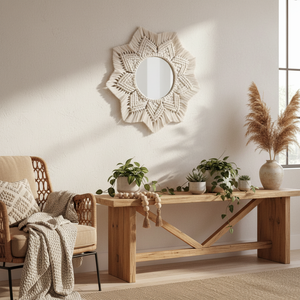 Espejo de Pared de Macramé Bohemio Blanco, Espejo de Vidrio Hecho a Mano con Cuerda de Algodón, Decoración para Sala de Estar, Diseño Geométrico Redondo - Product Image 6
