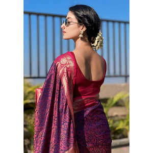 ชุดราตรีผ้าซาหรีสีน้ำเงินกรมท่า ผ้าไหมแคชเมียร์เนื้อนุ่ม ปักดิ้นลายตัดกัน ดีไซน์หรูหรา - Product Image 3