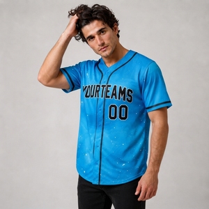 Maillot de baseball personnalisé pour homme, bleu, col en V, manches courtes, impression sublimée, évacuation de l'humidité, coupe classique, nom de l'équipe 00, logo avant - Product Image 1