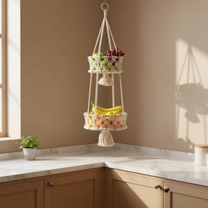 Cesta colgante de macramé para frutas, organizador de almacenamiento de tres niveles, ideal para encimera de cocina, elegante, que ahorra espacio y de uso decorativo - Product Image 3