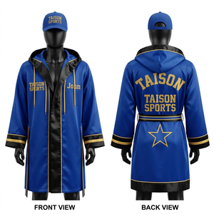Premium 280 GSM Polyester Satin <b>Boxing</b> <b>Robe</b> Blue Black Contrast Panels Embroidery Sublimation Custom Logo <b>boxing</b> rob - Product Image 1