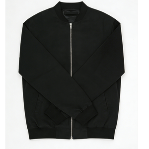 Men's Black Bomber <b>Jacket</b> Stand Collar Zipper Closure Casual Solid Color Polyester Regular Fit Autumn Wear - Product Image 4