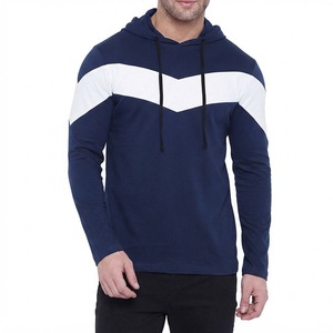 Sweat-shirt décontracté à capuche bleu marine pour homme avec empiècements blancs, manches longues, coupe classique, en polyester tricoté, idéal pour l'automne - Product Image 5