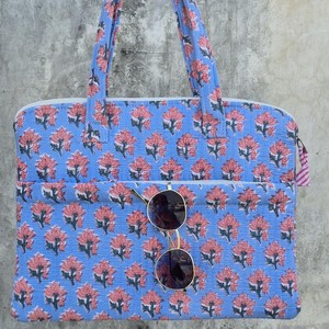 Lovely Textile Cosmetic Bag With String Closure Blue Pink Floral Pattern <b>Medium</b> Size Multi-Function Portable Travel Case - Product Image 2