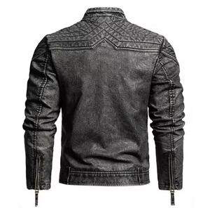 Blouson moto coupe-vent en cuir véritable noir pour homme, col montant, fermeture éclair, coupe ajustée, finition délavée, manches classiques, hiver - Product Image 3