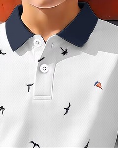 Boy's White Short Sleeve Button-Up Shirt Bird Print Contrast Trim Casual Regular Fit Breathable Eco-Friendly Polyester/Cotton - Product Image 3