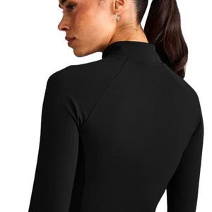 Women's <b>Black</b> <b>Long</b> Sleeve Bodysuit High Neck Fitted Activewear Gym Workout Sports <b>Top</b> Slim Fit Athletic Jumpsuit Custom OEM - Product Image 3