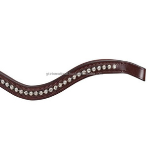 Durable Cow Softy Padding & <b>Stitching</b> Brown Premium Leather Horse Brow Band with Single Row <b>Crystals</b> Rhinestones Bling Chain - Product Image 1