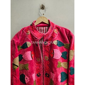 Pink Velvet Quilted <b>Jacket</b> Fish Embroidery Handmade Winter Autumn Unisex Stand Collar Boho <b>Hippie</b> Style - Product Image 5