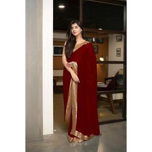 Sari en Georgette à Broderie Séquencée à la Mode avec Blouse Non Cousue Marron pour Mariage - Product Image 1