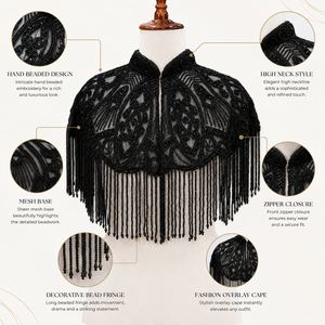 Elegante Capa Vintage Negra Bordada con Flecos Largos para Fiestas, Bodas y Eventos Nocturnos - Product Image 6