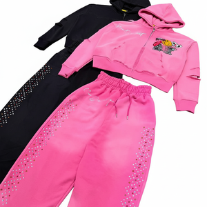 Survêtement rose et noir à capuche pour filles, manches longues, très décoré de strass, style décontracté et streetwear avec poches latérales, style automne - Product Image 3