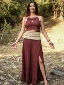 Jupe longue bohème avec détail de franges à la taille, fente longue marron rouille, ceinture tissée tribale, jupe portefeuille bohème pour femme, idéale pour les festivals - Product Image 3