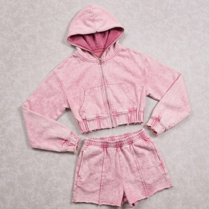 Ensemble court à capuche délavé pour femme, tissu confortable, qualité supérieure, streetwear, deux pièces, vente en gros, directement de l'usine - Product Image 4