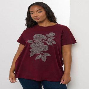 Camiseta de Mujer con Bordado Floral Azul Claro, Manga Corta, Cuello Redondo, Corte Holgado, Informal, 100% Algodón, Primavera Verano - Product Image 1