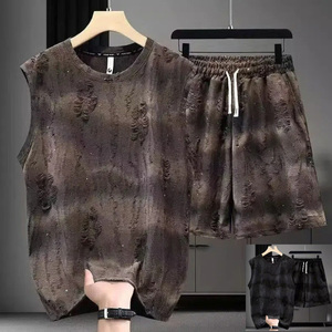 Men's Two-Piece Knitted Cotton Acid Wash Short Set Sleeveless Men's T-Shirt Raw Edge Sweat Shorts for Summer Formal 3D Pattern - Product Image 3