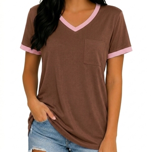 Rich Quality Women's Solid V-Neck Short Sleeve T-Shirt With Pocket Casual Cotton <b>Top</b> Spring Summer Wear Custom Designs Logos - Product Image 5