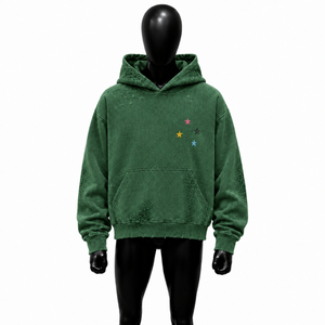 เสื้อฮู้ดดี้สีเขียวขนาดใหญ่ทรงโอเวอร์ไซส์ แต่งลายดาวหลากสี ปักลายเสือดาวโทนสีเดียวกัน สไตล์วินเทจ ลุคสตรีทแวร์ ลดราคา - Product Image 1