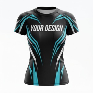 Camiseta Deportiva de Compresión para Mujer, Sublimada, Negra y Azul, de Manga Corta, Secado Rápido, Diseño Personalizado con Logotipo Frontal - Product Image 1