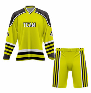 Ensemble Maillot et Short de Hockey sur Glace pour Homme – Manches Longues – Jaune, Noir, Blanc – Sublimé, Respirant, en Maille - Product Image 1