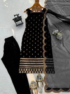 Conjunto de Salwar Kameez Negro Bordado, Reversible, Largo hasta el Tobillo, para Mujer, Traje de Fiesta o Boda con Dupatta - Product Image 2
