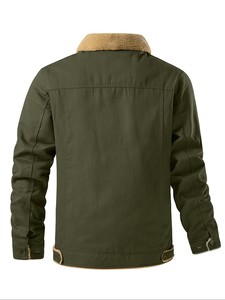 Veste en toile vert olive pour homme, doublure en sherpa, col rabattu, style workwear, vêtement d'extérieur d'hiver, coupe régulière, fermeture à boutons - Product Image 3