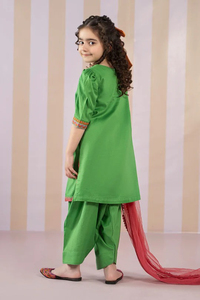 Ensemble 3 pièces décontracté pour femme, sans manches, en soie et coton, uni, avec kameez et shalwar plissé à bordure, idéal pour les fêtes et mariages, à prix raisonnable - Product Image 4