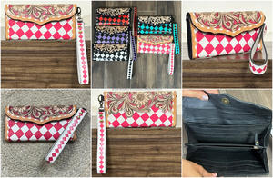 Cartera de mano de cuero genuino con patrón a cuadros y diseño floral repujado, hecha a mano, estilo vintage 2026, para mujer, estilo occidental - Product Image 3