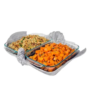 Ensemble de plats de service en verre double avec support en métal argenté en forme de feuille pour buffet, mariage, hôtel, restaurant - Product Image 2