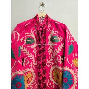 Fezan Handmade Velvet Suzani Embroidery Floral <b>Pattern</b> <b>Quilted</b> <b>Jacket</b> Stand Collar Two Side Pockets Quick Dry Cotton Velvet Made - Product Image 3
