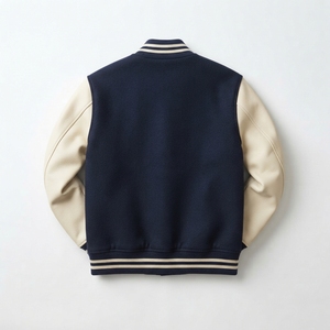 Loose Fit Men's Vintage Washed Wool Viscose Eco-Friendly Windproof Stand Collar <b>Patchwork</b> Design Winter Varsity <b>Jacket</b> - Product Image 2