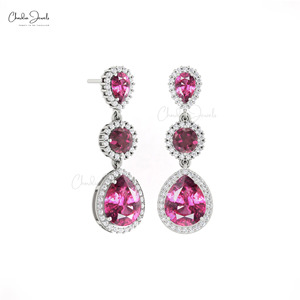Triple Gemstone <b>Earrings</b> 10x8mm Pear Cut Rhodolite Garnet & Pave Diamond Halo Dangle with 14k Solid Gold Dual Birthstone <b>Earring</b> - Product Image 3
