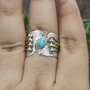 Bague ajustable artisanale en pierre turquoise, argent sterling 925 et laiton, style ethnique bohème tribal, bijoux de créateur pour femmes - Product Image 5
